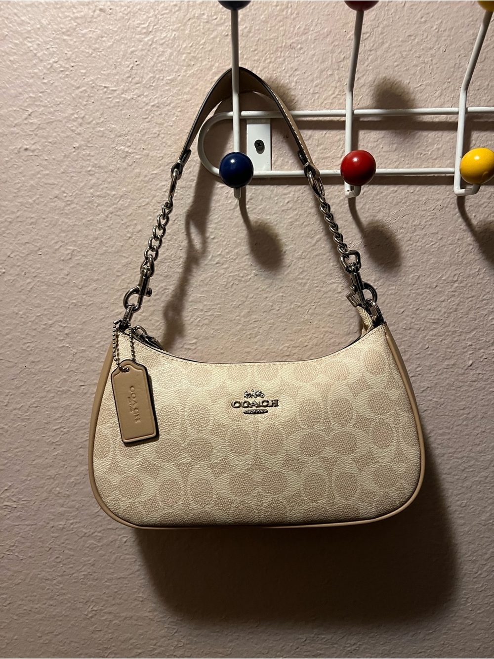 Coach Cream Signature Shoulder Bag with Chain Strap